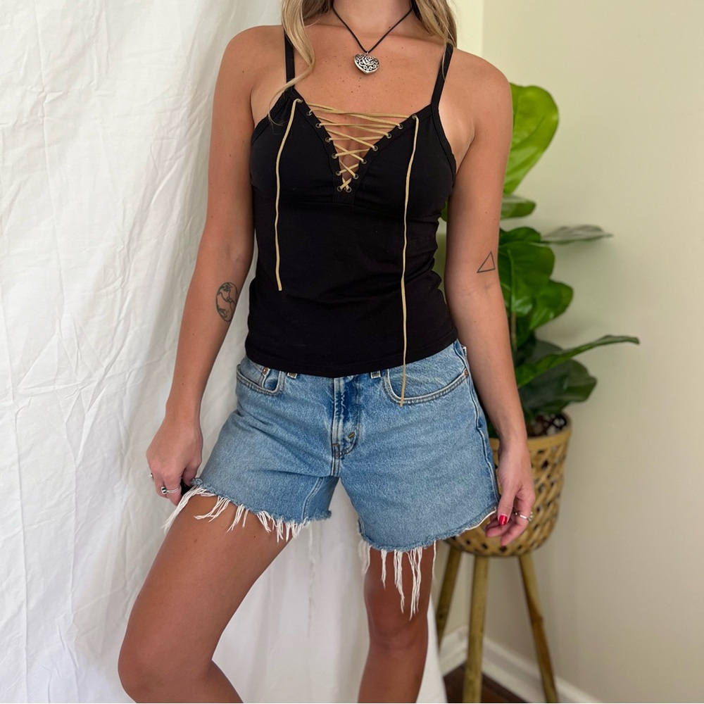 Y2K Black Lace Up Neckline Tank Top